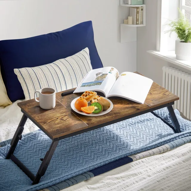 LEOBERT Opvouwbare Laptoptafel – Rustiek Bruin, Industriële Stijl, met Kantelbaar Blad en Lade