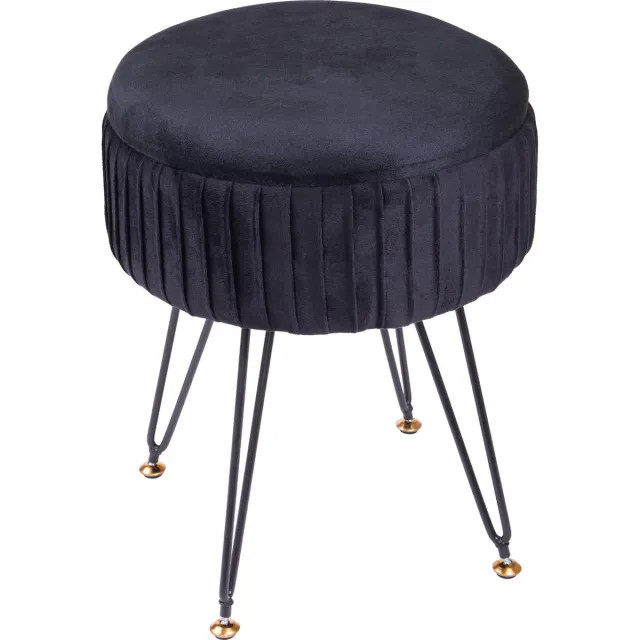 QUVIO Ronde zitkruk - Metalen hairpin poten - Decoratieve kruk - Krukje - Zwarte poef - Fluweel - Met opbergruimte - Voor woonkamer en slaapkamer - Ø32 cm - Zwart