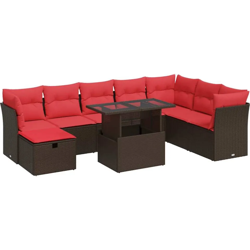 vidaXL 9-delige Loungeset met kussens poly rattan acacia bruin, foto 3