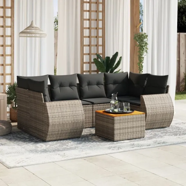 vidaXL 7-delige Loungeset met kussens poly rattan grijs, foto 2