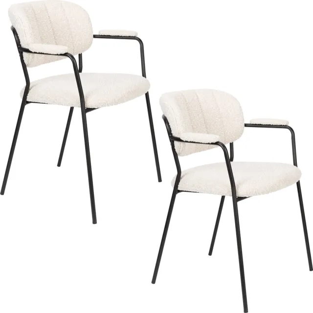 Housecraft Living Jolien Eetkamerstoelen Armleuning Zwart/Bouclé - Set van 2 Wit