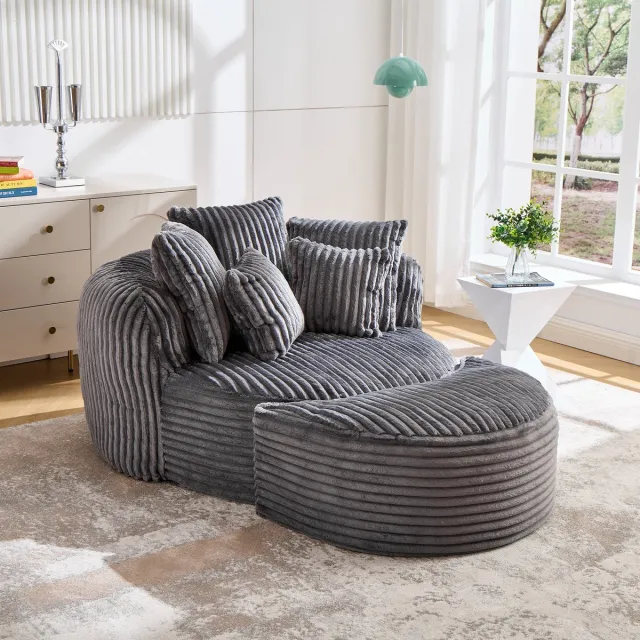 STILVORA Fauteuil 123 Cm - Ronde Relaxstoel Met Hocker En 5 Kussens - Voor Woonkamer, Slaapkamer En Speelkamer - Chenille Donkergrijs