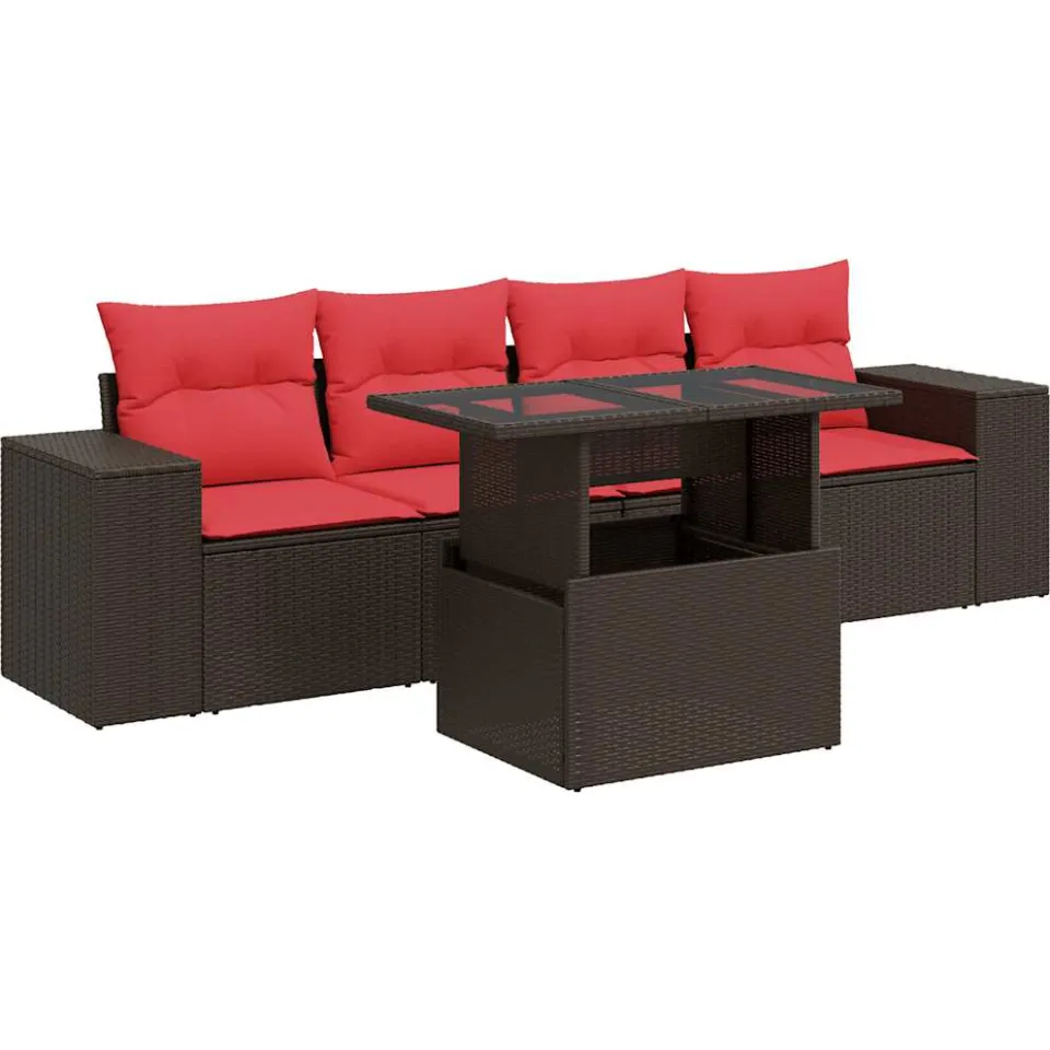 vidaXL 5-delige Loungeset met kussens poly rattan acacia bruin, foto 3