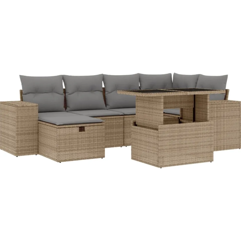 vidaXL 7-delige Loungeset met kussens poly rattan beige, foto 3