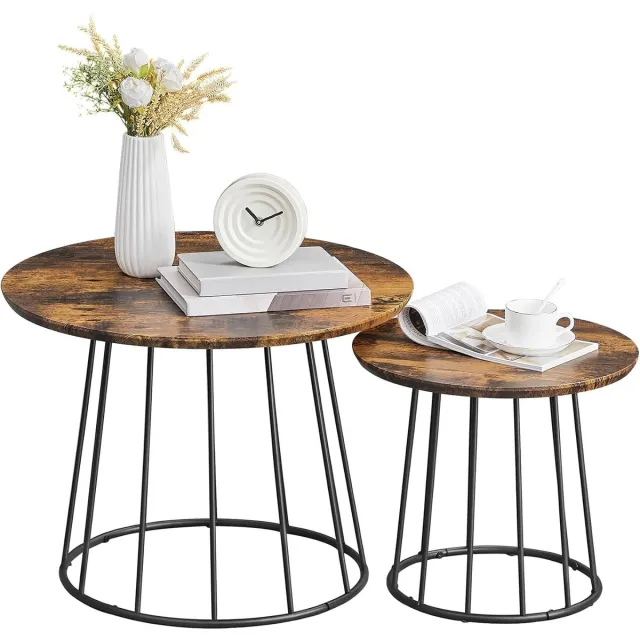 FurnStar Salontafel - Set van 2 - Ronde Bijzettafels - Modern Design - Stalen Frame - Vintage Bruin - Voor Woonkamer en Slaapkamer - LCT045K01