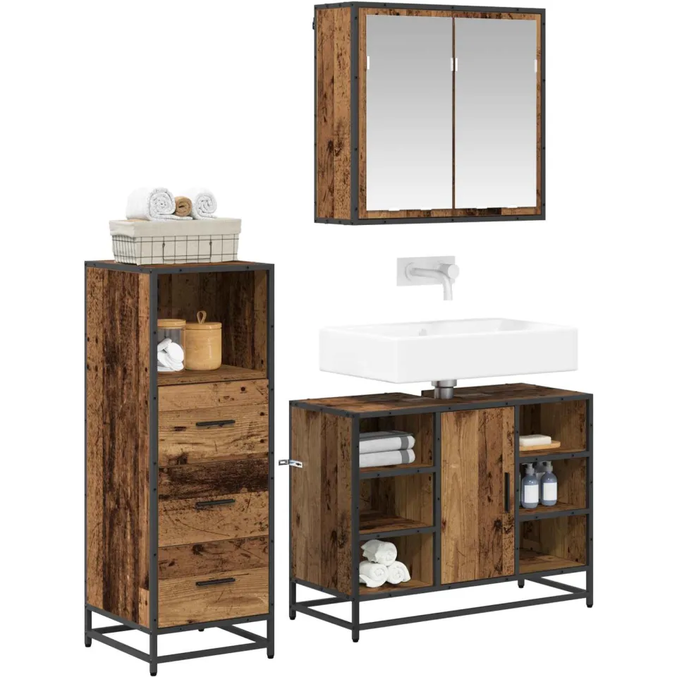 vidaXL Badkamermeubelset 3 st Oud Hout 80 x 33 x 60 cm Bewerkt hout Bruin