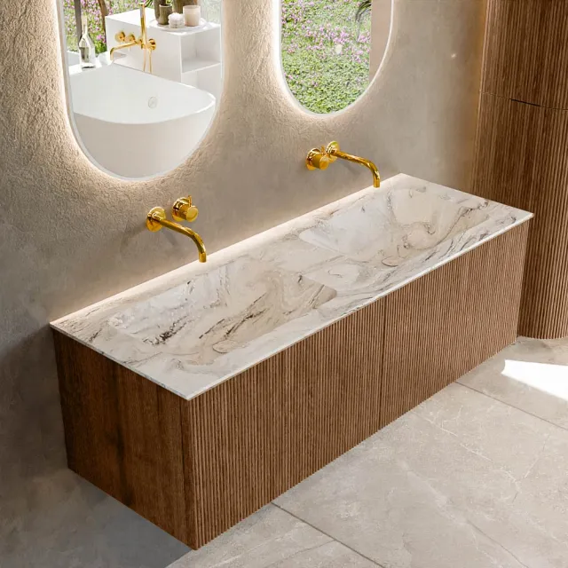 Mondiaz KURVE-DLUX 130 cm Onderkast Greeploos 2 Lades Zonder Deuren Walnut, Wastafel Solid Surface Dubbel Glace 0 Kraangaten Zonder Spiegel (KRVLEA1302L0D0KD-Wal/Gla)
