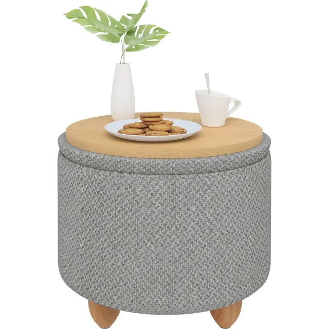 Woltu AllinShop® - Poef - Kruk - Voetenbankje - Bijzettafel - Koffietafel - Met Opslag - Openbaar - Met Deksel - Licht Grijs - Rond - Houten poten - 39x39x33CM