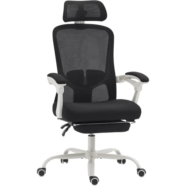 MUVANO Ergonomische bureaustoel met verstelbare lendensteun - Uitschuifbare voetensteun - Netrug - 66 x 64 x 110-118 cm - Kantelbaar tot 135 graden - Kantoor zwart