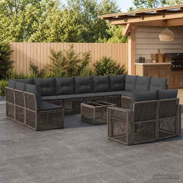 vidaXL Tuinbankenset 13 st 12-zits Grijs en Donkergrijs poly rattan, foto 2