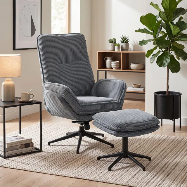 MUVANO Relaxstoel - Ligstoel met 130 graden - Draaistoel voor ontspannen momenten - Zachte cord bekleding - 120 kg - Comfortabel voor thuisgebruik - Grijs