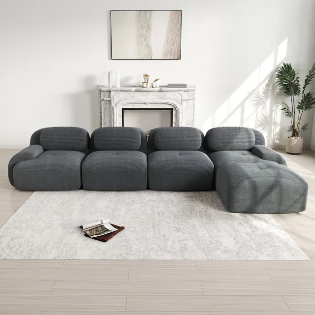 KOMHTOM BLACKCOLORS Hoekbank met 4 zitplaatsen en zeer elastische 32D-vulling, antislip, met chaise longue, extra brede armleuningen, vrij te combineren, zonder montage, voor kantoor, woonkamer en thuisbioscoop, grijs Gris