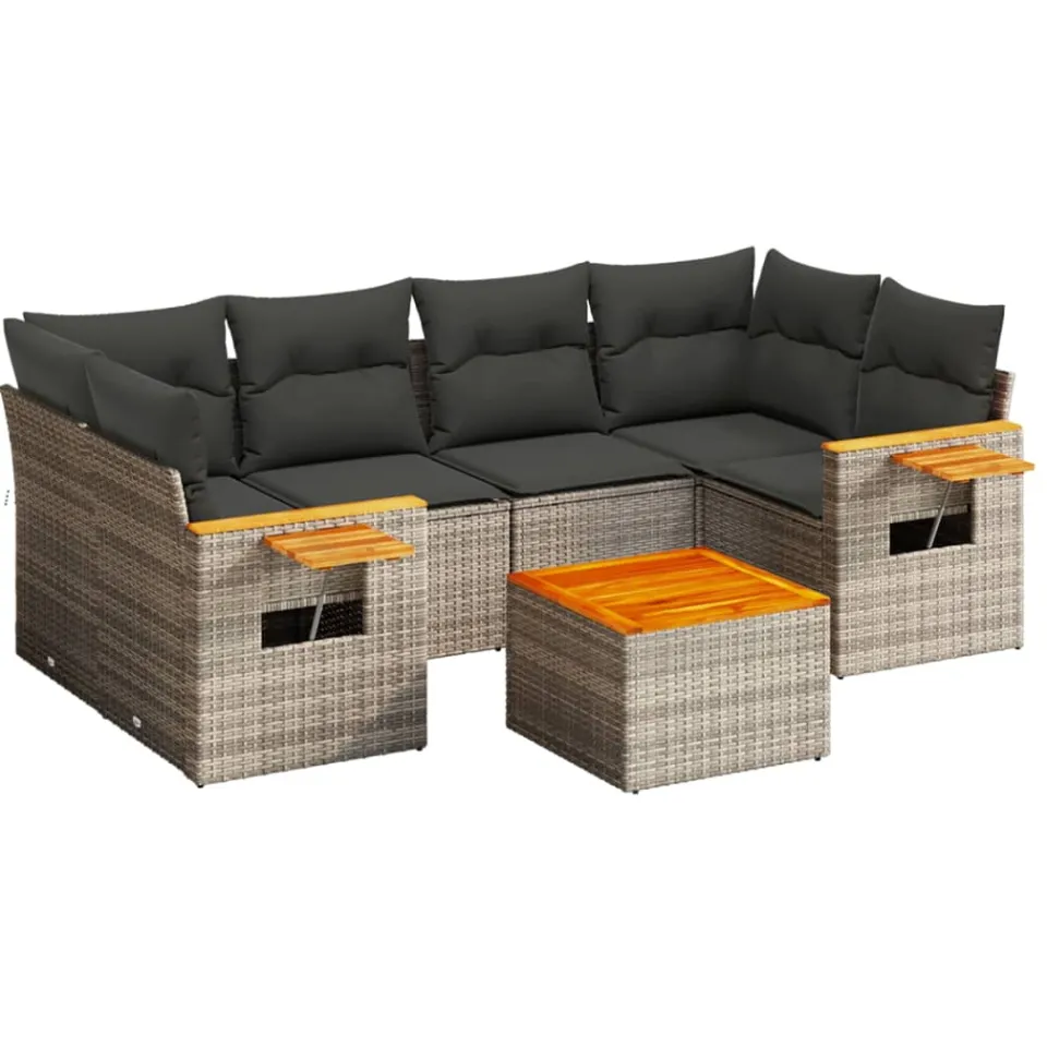 vidaXL 7-delige Loungeset met kussens poly rattan grijs, foto 3