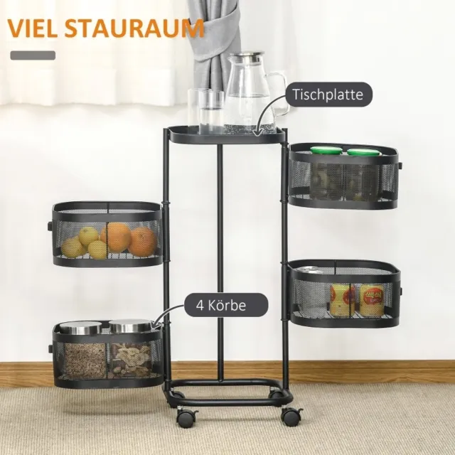 DESMIU Bijzettafel - Verrijdbare Serveerwagen Met 4 Niveaus En Draadmanden - Voor Keuken En Kleine Ruimtes - Staal - 33x33x77 Cm - Zwart