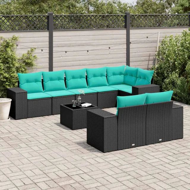 vidaXL 9-delige tuinbankset met kussens van zwart polyrotan, foto 2