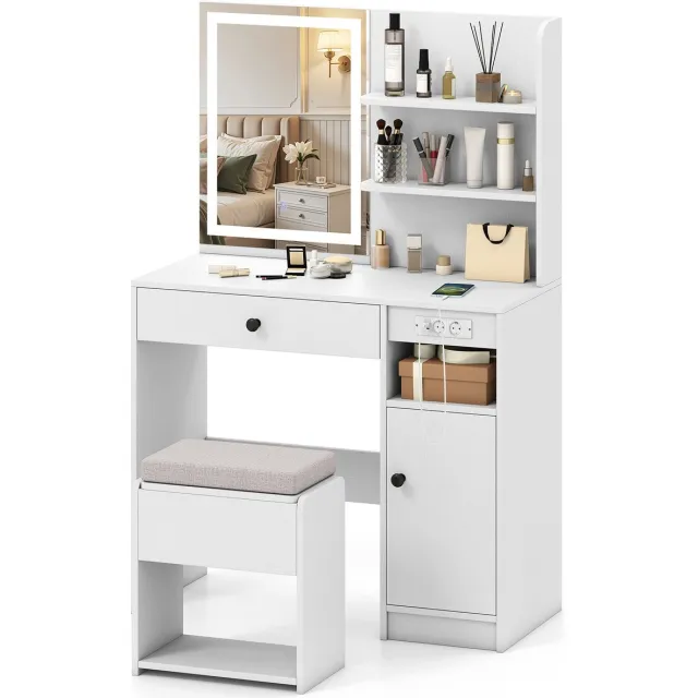 Costway Make-uptafel met spiegel en 3 modi verlichting, kaptafel met gestoffeerde kruk, stopcontacten, verstelbaar rek en kast, make-uptafel voor slaapkamer, 90 x 40 x 135,5 cm Wit