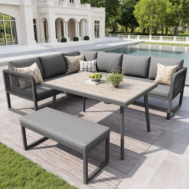 Sweiko Tuin Loungeset - Met kussens - Geschikt voor 6-8 personen - PE-rotan armleuningen - Met tafel - Bank - Grijs