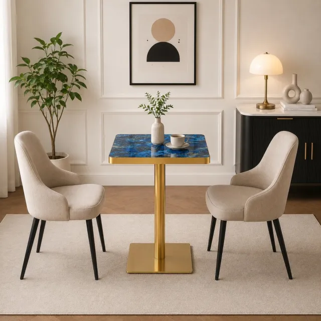 Wishdor Tafel - Vierkante eettafel met marmereffect - centrale zuil en stabiele voetplaat - modern - voor eetkamer, bistro of koffiehoek - houtlook en metaal - blauw - 60 x 60 x 74 cm