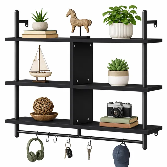 PIPIPOXER Wandrek - Boekenplank - Wandplank - voor woonkamer, slaapkamer, keuken - Hout -105 x 94 x 24 cm - Zwart