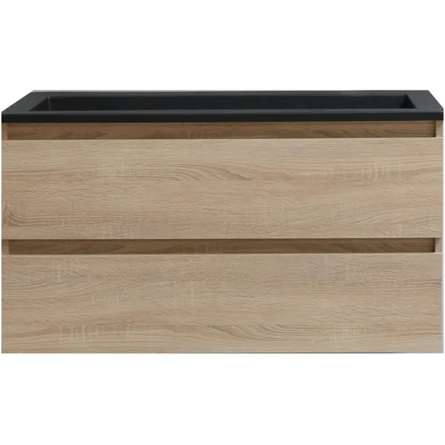 Boss & Wessing Badkamermeubel BWS Pepper Acryl Wastafel Mat Zwart Met 2 Kraangaten 100x55x46 cm Eiken
