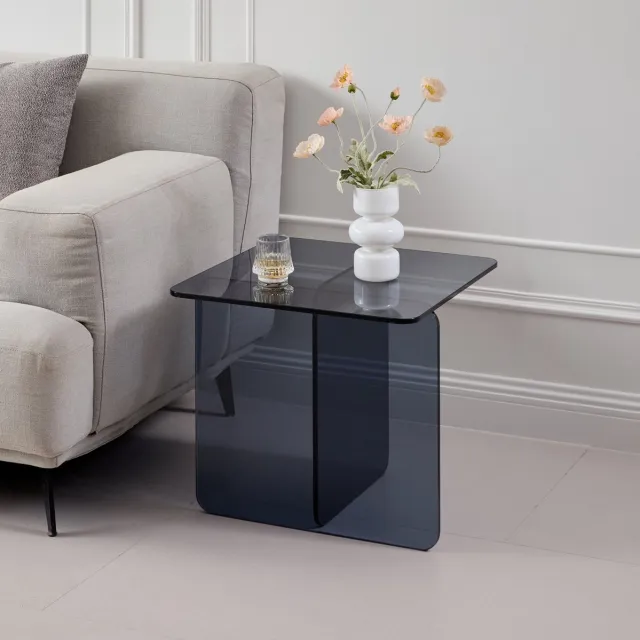 MEUNIQ glazen bijzettafel 45 x 45 x 51 cm van gehard grijs glas – gebogen sidetable voor naast de bank in woonkamer, eetkamer of kantoor
