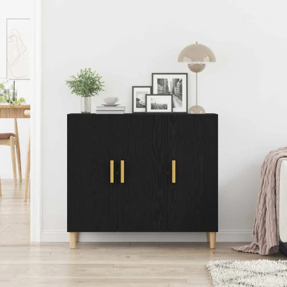 vidaXL Dressoir Zwart Eiken 90 x 34 x 80 cm Bewerkt hout, foto 3