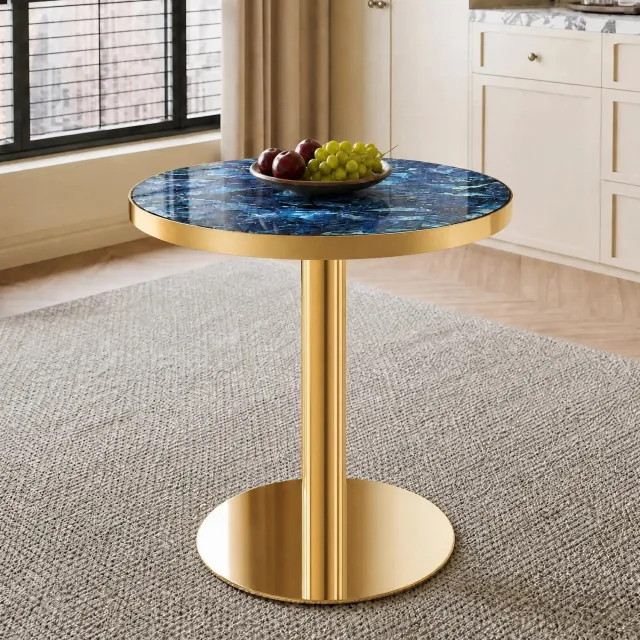 CHICFURN Bijzettafel - Rond - Marmerlook - Metalen voet - Blauw