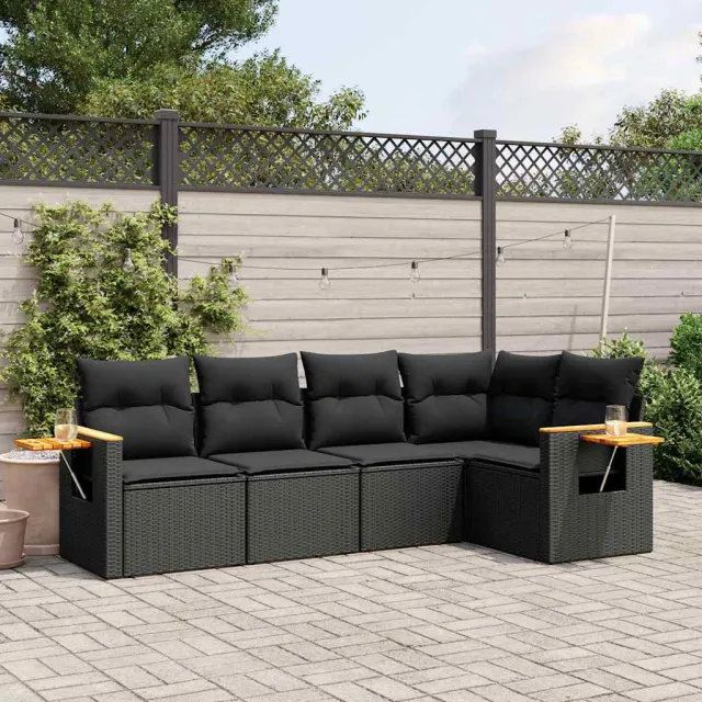 vidaXL 5-delige Loungeset met kussens poly rattan zwart, foto 2