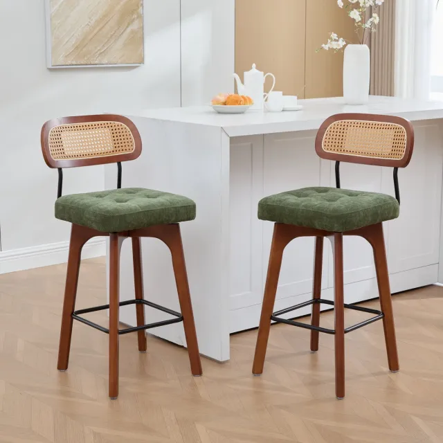 OKWISH Barkruk Set Van 2 44 Bij 51 Bij 96 Cm - 360 Graden Draaibaar Met Rugleuning - Keukenbar - Chenille En Rotan - Groen