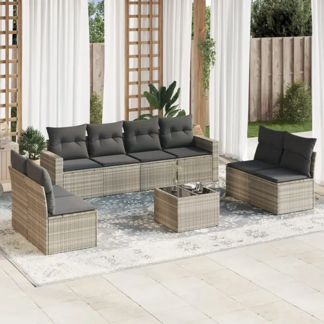 vidaXL 9-delige Loungeset met kussens poly rattan lichtgrijs grijs, foto 2