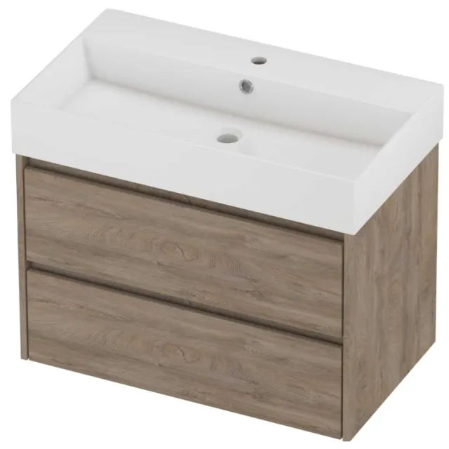 Proline Zara Badmeubelset Porselein Loft 1 Kraangat Symmetrisch 80x46x65 cm Glans Wit Raw Oak Eiken