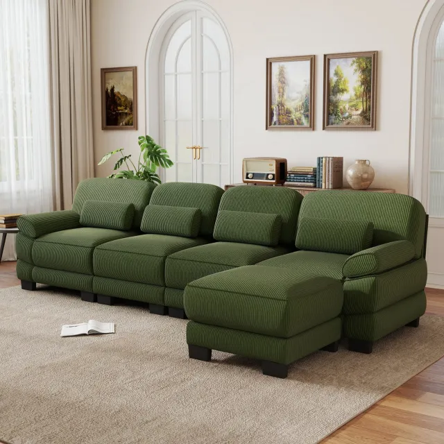 Wishdor 4-zits modulaire hoekbank - Flexibel in L- of U-vorm - Met hocker en afneembare armleuningen - Draagkracht 680 kg - Groene ribstof voor de woonkamer - 336 x 161 x 94 cm
