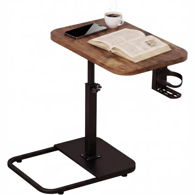 HOERFURIY C-Vormige Bijzettafel Verstelbaar op Wielen - Laptoptoptafel voor Bank Bruin