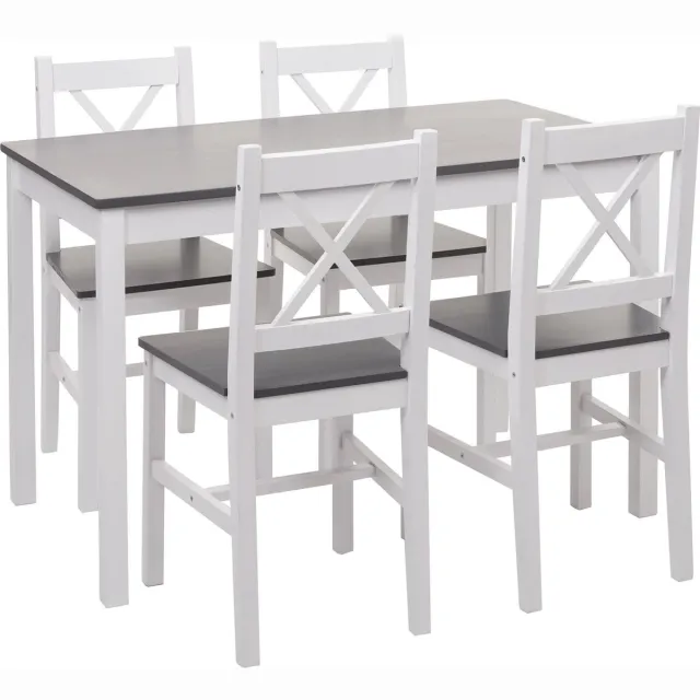 MCW Eetkamerset MCW-F77, eetkamerset, massief houten landhuis 110cm ~ wit-grijs