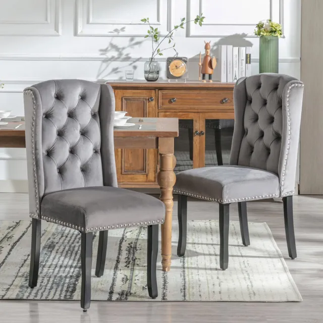 Merax Fluwelen eetkamerstoel set van 2 met eiken poten - chroom knocker en spijkerkop trim - slaapkamer stoel Keukenstoel Woonkamer lounge stoel - grijs
