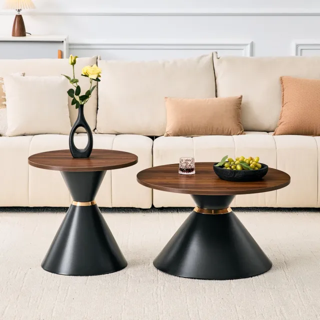 DESMIU Salontafel Set - Ronde Tafels Met Conische Metalen Voet - Ruimtebesparend Voor Woonkamer En Slaapkamer - Walnoot Zwart - 70 En 50 Cm