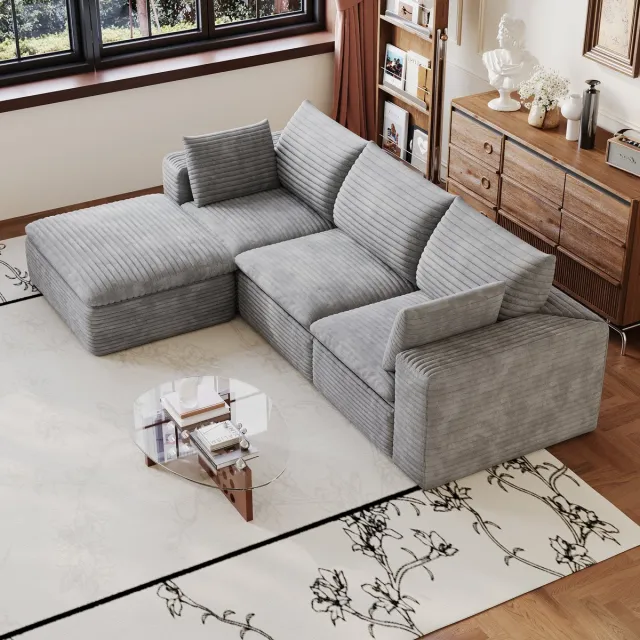 MIVRAY Hoekbank 260 cm - Modulair Dubbel Laag Ontwerp Met Afneembare Bekleding - Voor Woonkamer En Slaapkamer - Stof Grijs