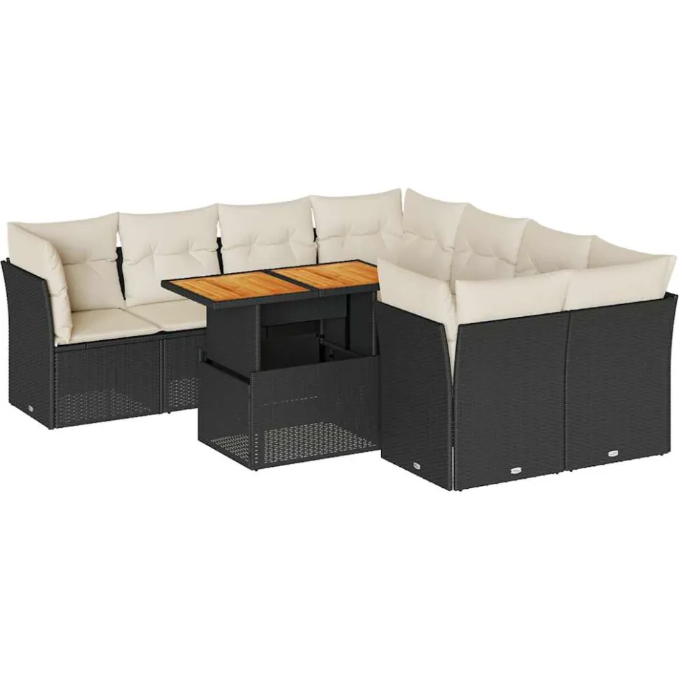 vidaXL 9-delige Loungeset met kussens poly rattan zwart, foto 3