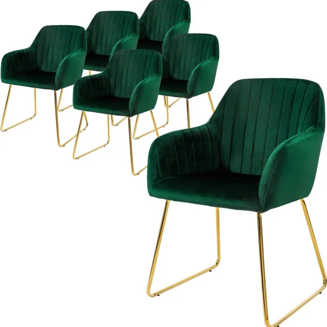 ml-design eetkamerstoelen set van 6, fluwelen zitting, groen, woonkamerstoel met rugleuning en armleuningen, keukenstoel met gouden poten, gestoffeerde stoel met metalen frame, ergonomische armstoel Groen, Goud