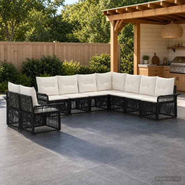 vidaXL Tuinbankenset 9 st 9-zits Zwart poly rattan, foto 2