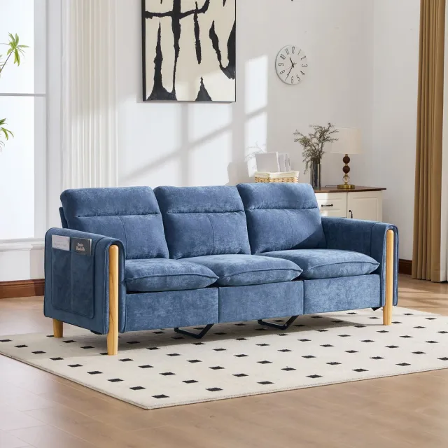 DESMIU Hoekbank 3-Zits - L-Vormige Bank Met Opberghocker En Zijvakken - Voor Woonkamer En Kleine Ruimtes - Chenille - Blauw