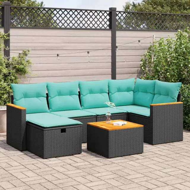 vidaXL 7-delige Loungeset met kussens poly rattan zwart, foto 2