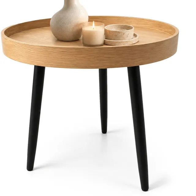 Akord Salontafel PICCO / Natuurlijke Houtlook / 40 cm / Rond / Opstaande Rand / Zwarte Poten / Industriële Stijl / 40 x 40 x 40 cm Natuurlijk hout, zwart