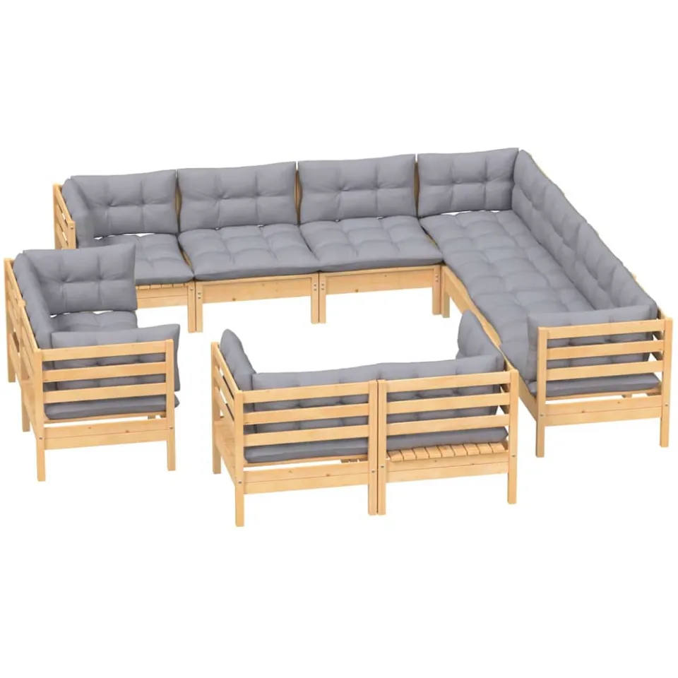 vidaXL 11-delige Loungeset met grijze kussens massief grenenhout Grijs