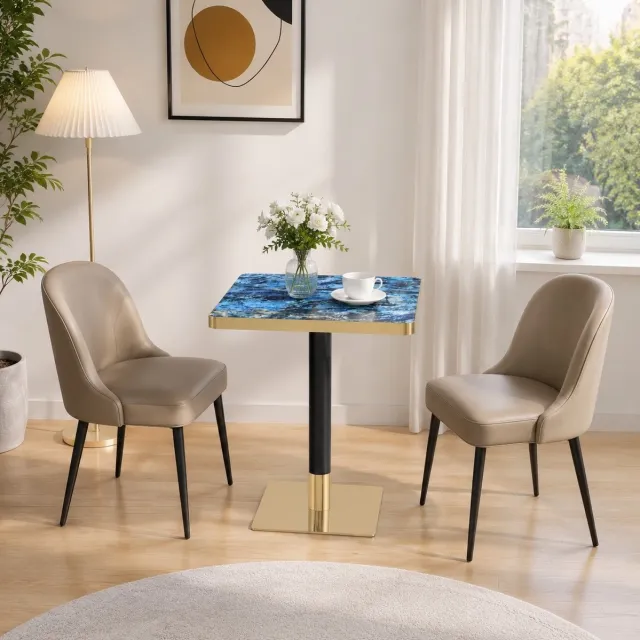 MODFU Eettafel - Vierkant - Marmerlook - Modern - MDF - Blauw - 60 X 60 X 74 Cm