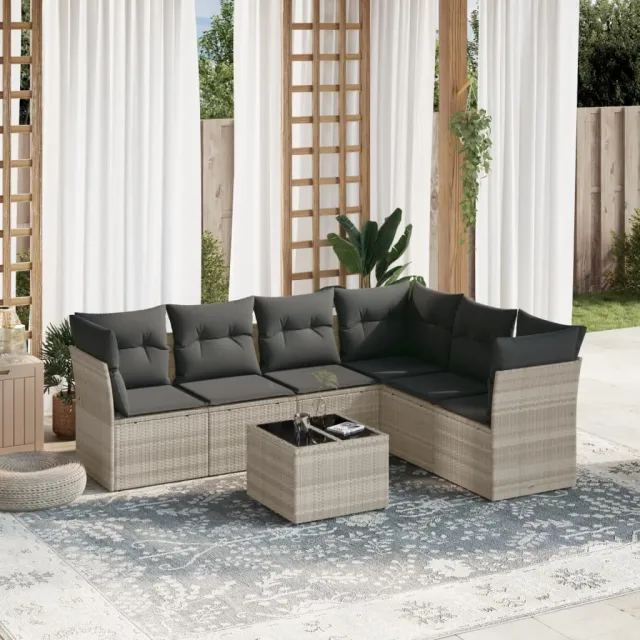 vidaXL 7-delige Loungeset met kussens poly rattan lichtgrijs grijs, foto 2