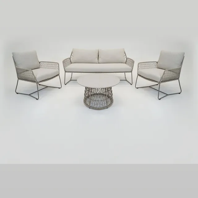 VITA Bruzio Loungeset 4 delig - weersbestendig rope - met tafel - creme - met kussens - met slijtdoppen - aluminium gepoedercoat - Vita tuinmeubelen Grijs