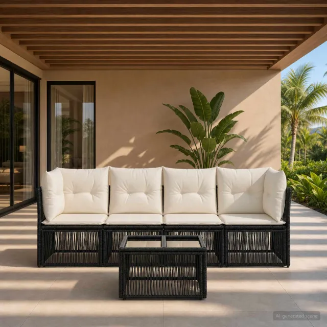 vidaXL Tuinbankenset 5 st 4-zits Zwart poly rattan, foto 2