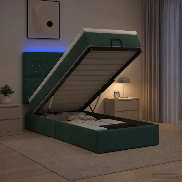 vidaXL Ottoman Bed met Matrassen en LED Donkergroen 100 x 200 cm
