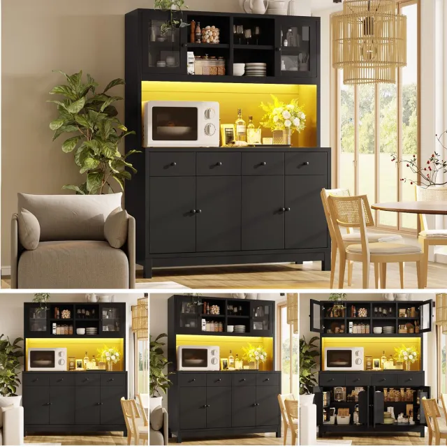 Clruro Dressoir - 140 x 38,5 x 180 cm - App-RGB LED - 4 Laden en Glazen Deuren - MDF - Zwart